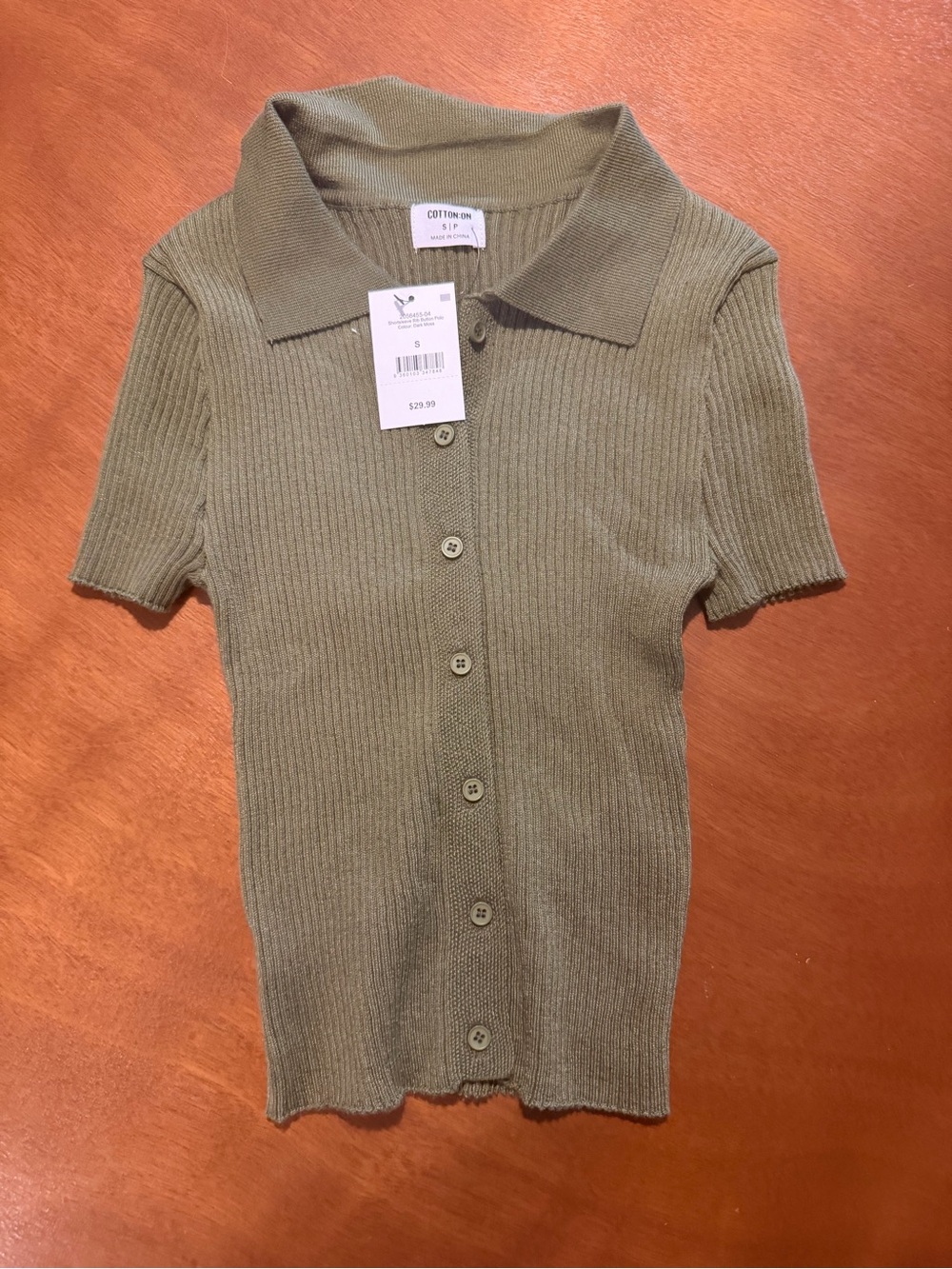Cotton On Olive Ribbed Button Polo Top